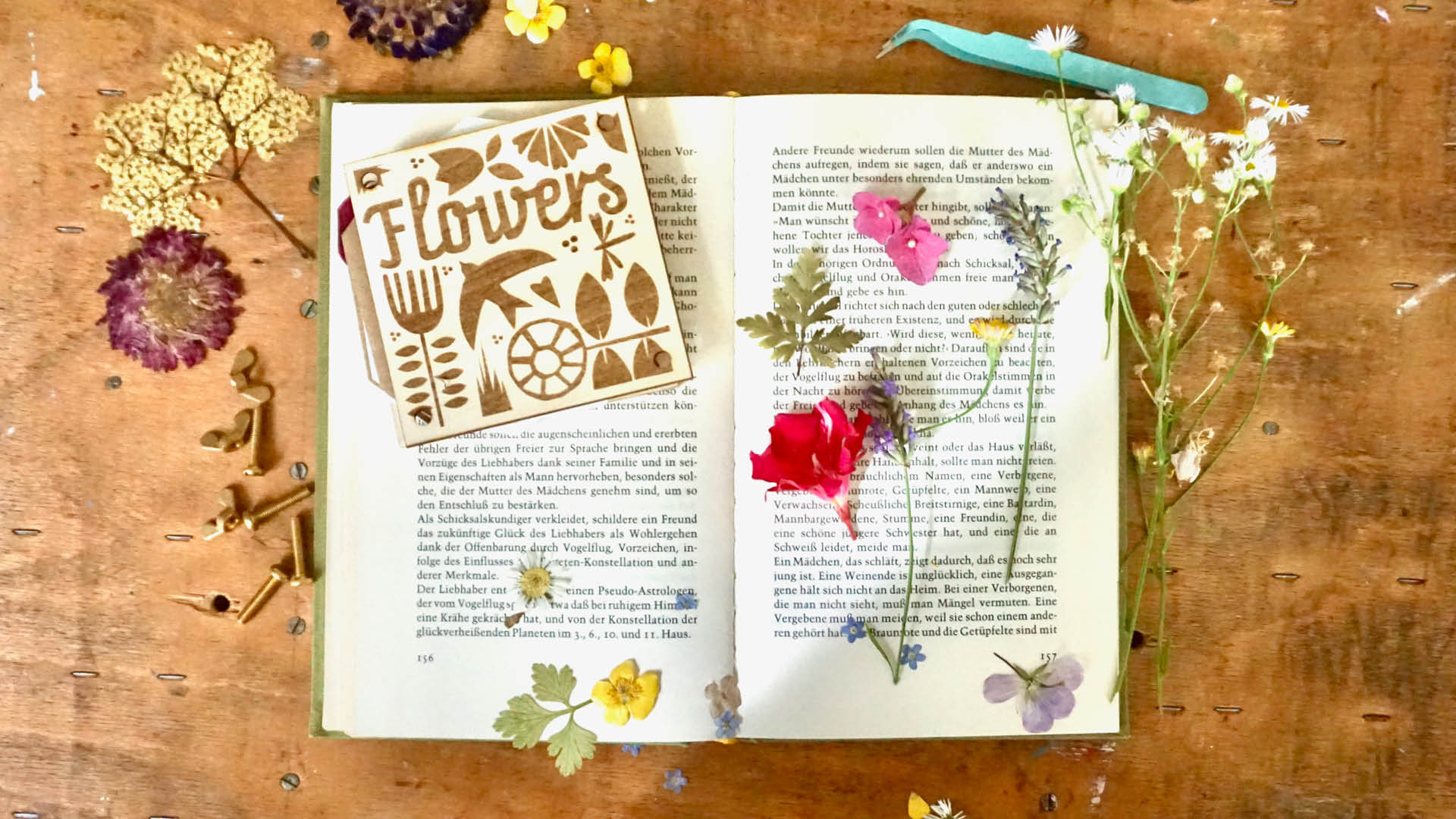 Geöffnetes Buch, frische Blüten, kleine lumenpresse, Pinzette