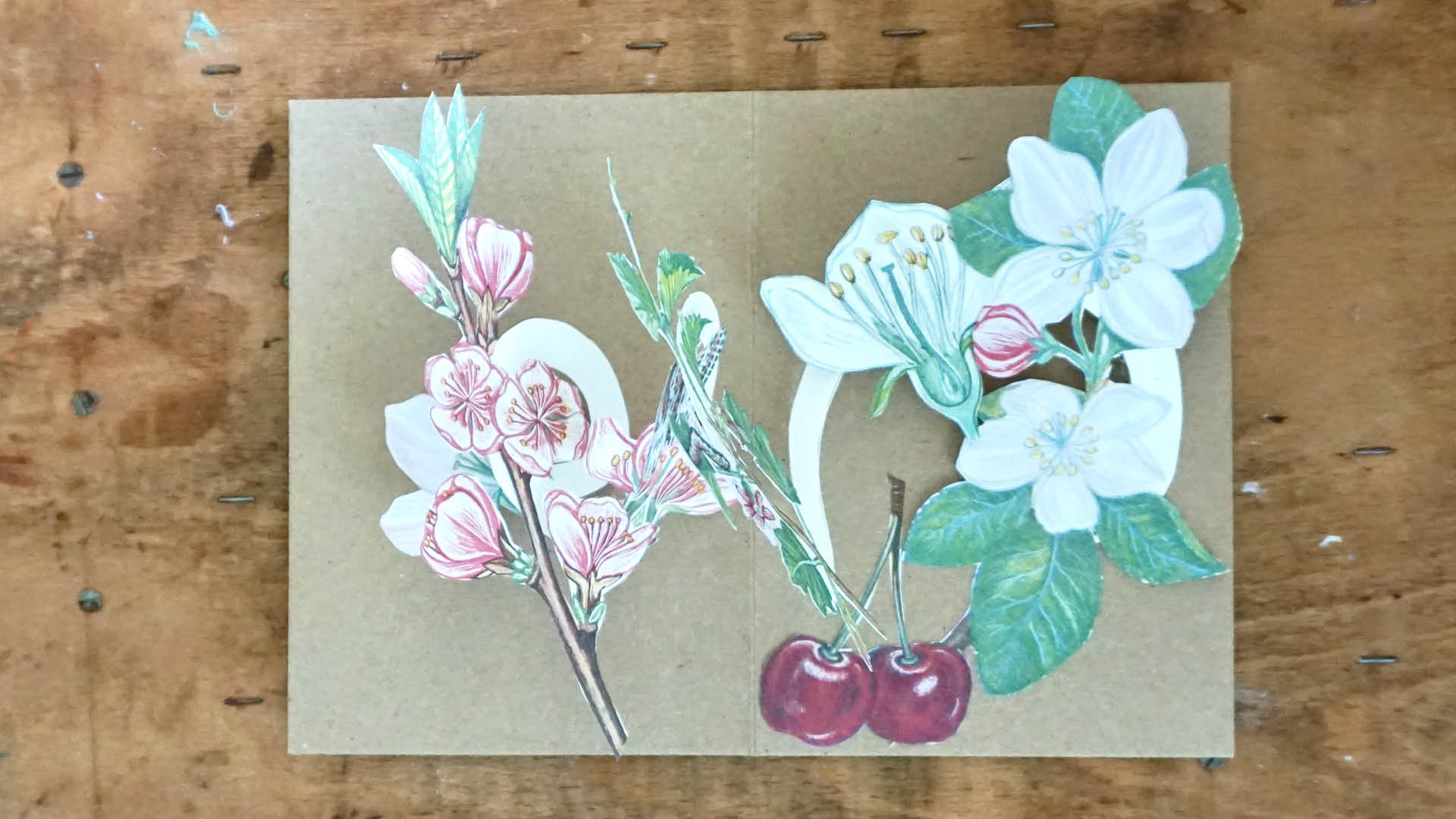 Pop-up Karte mit gezeichneten Blüten und Kirschen aus altem Buch