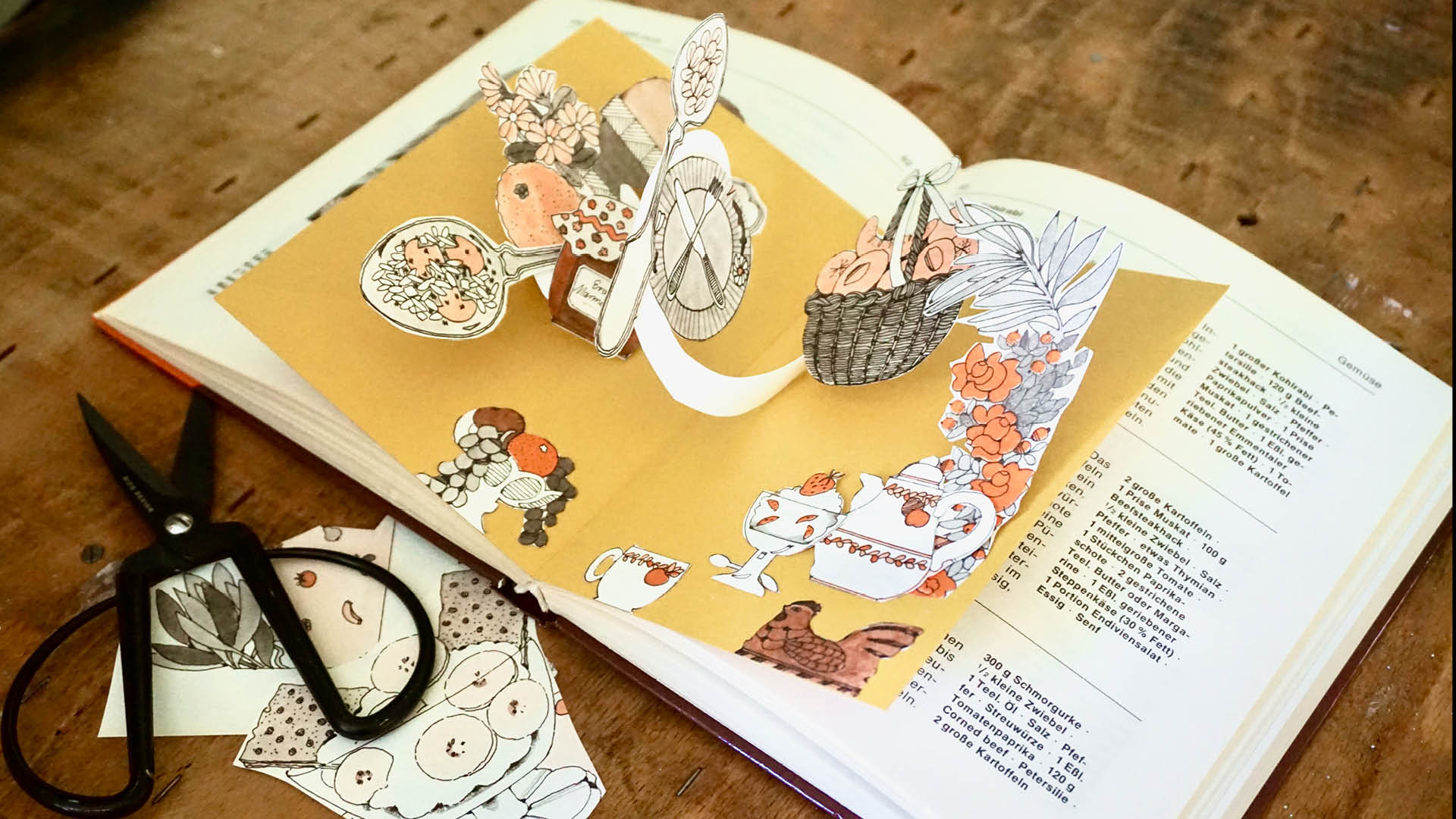 Pop-Up Karte mit Bildern aus altem Kochbuch