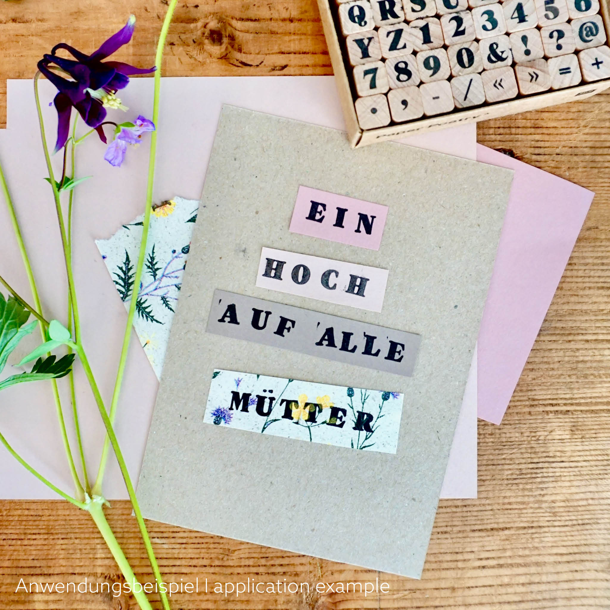 Buchstaben-Zahlen Stempelsets -Anwendungsbeispie: Karte "Ein Hoch auf alle Mütter"