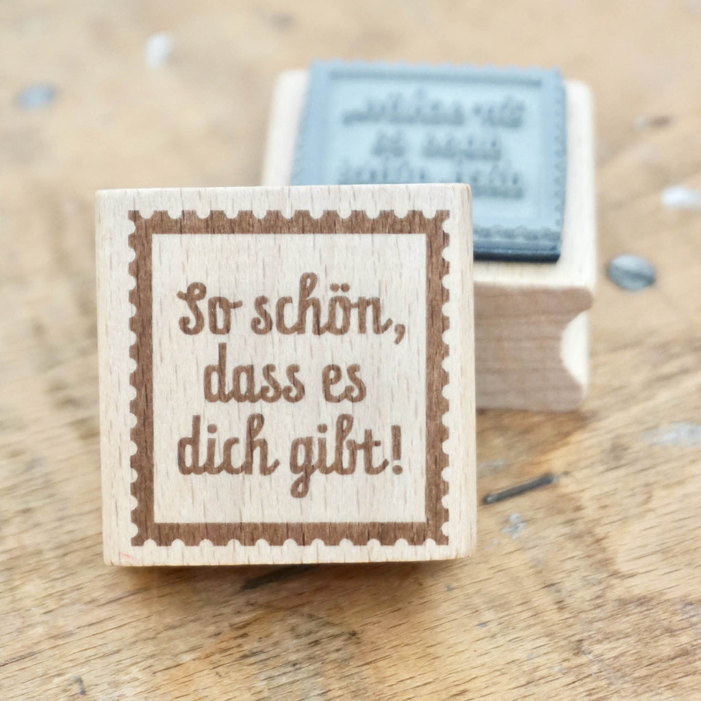Holzstempel mit Briefmarkenmotiv - Schön, dass es dich gibt"