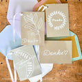 DIY Dankeskarte -Folie auf Kraftpapier. viel verschiedene Designs: Salbei, Vogel, Neutral (für Foto), Kranz, mit Umschägen in verschiedenen Farben