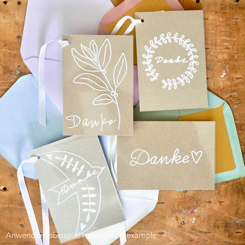 DIY Dankeskarte -Folie auf Kraftpapier. viel verschiedene Designs: Salbei, Vogel, Neutral (für Foto), Kranz, mit Umschägen in verschiedenen Farben