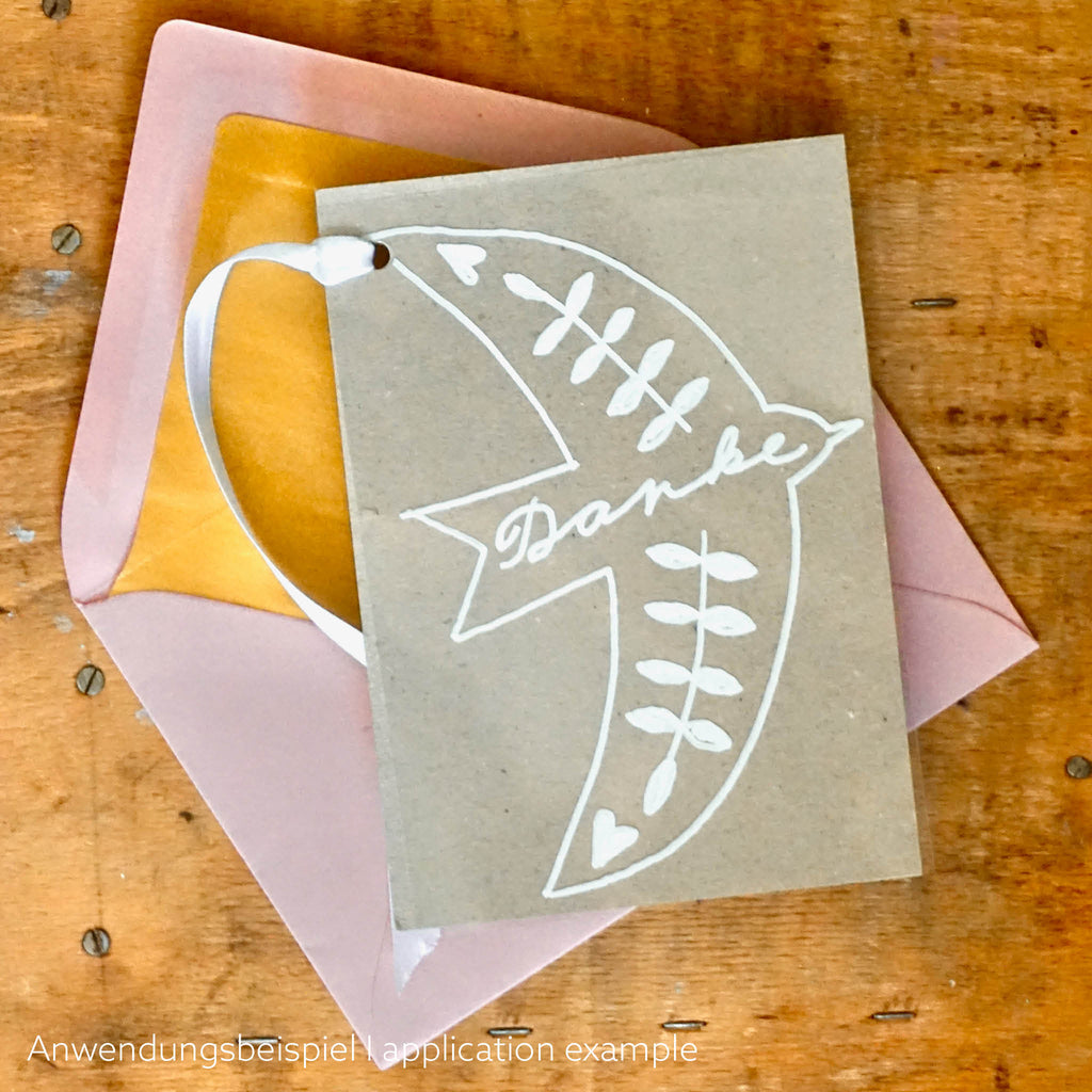 DIY Dankeskarte -Folie auf Kraftpapier. Vogel-Motiv mit rosa Umschlag