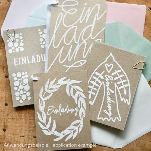 DIY EInladung zur Kommunion oder Konfirmation. Viel verschiedene Motive (Typo/Fisch, Kreuz, Kranz, Vogel), Kraftpapier mit Folie. Umschläge in verschiedenen Farben
