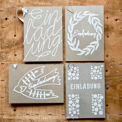 DIY EInladung zur Kommunion oder Konfirmation. Viel verschiedene Motive (Typo/Fisch, Kreuz, Kranz, Vogel), Kraftpapier mit Folie.