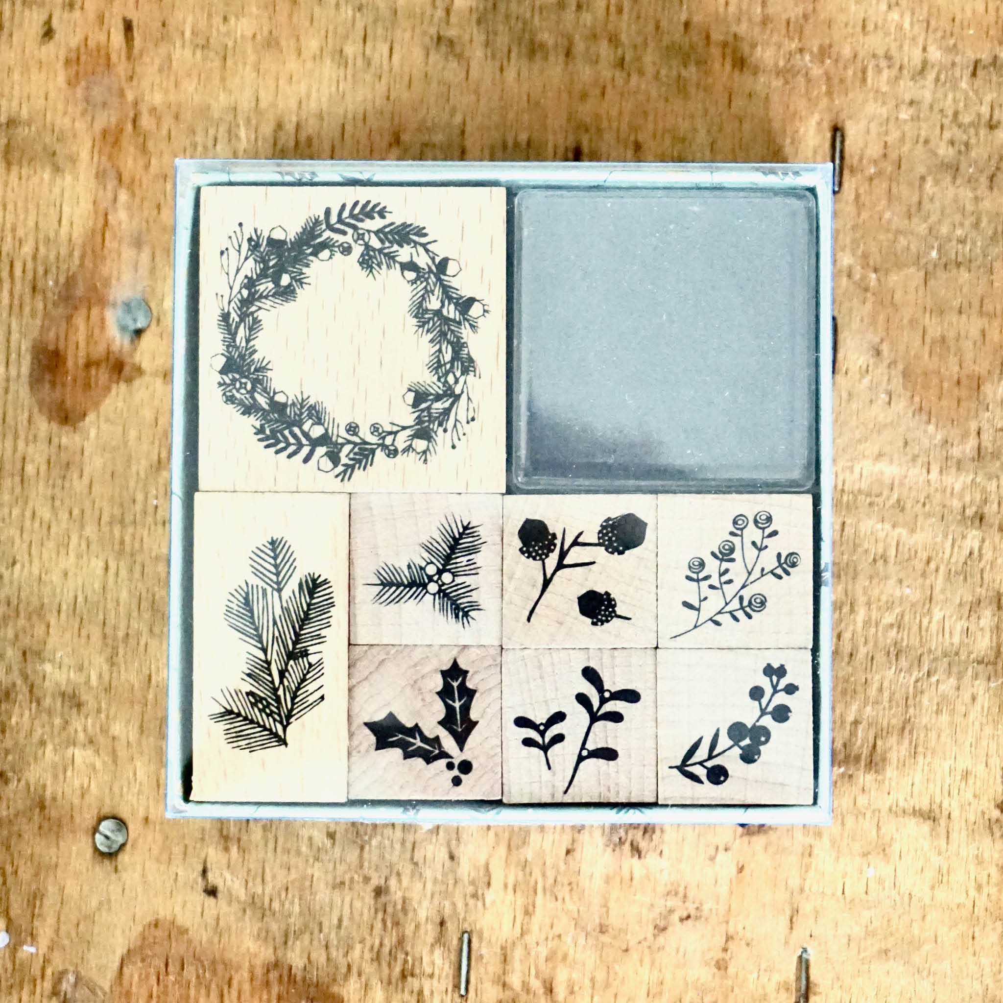 Stempelset: Holzstempel mit weihnachtlichen Motiven inkl. Stempelkissen