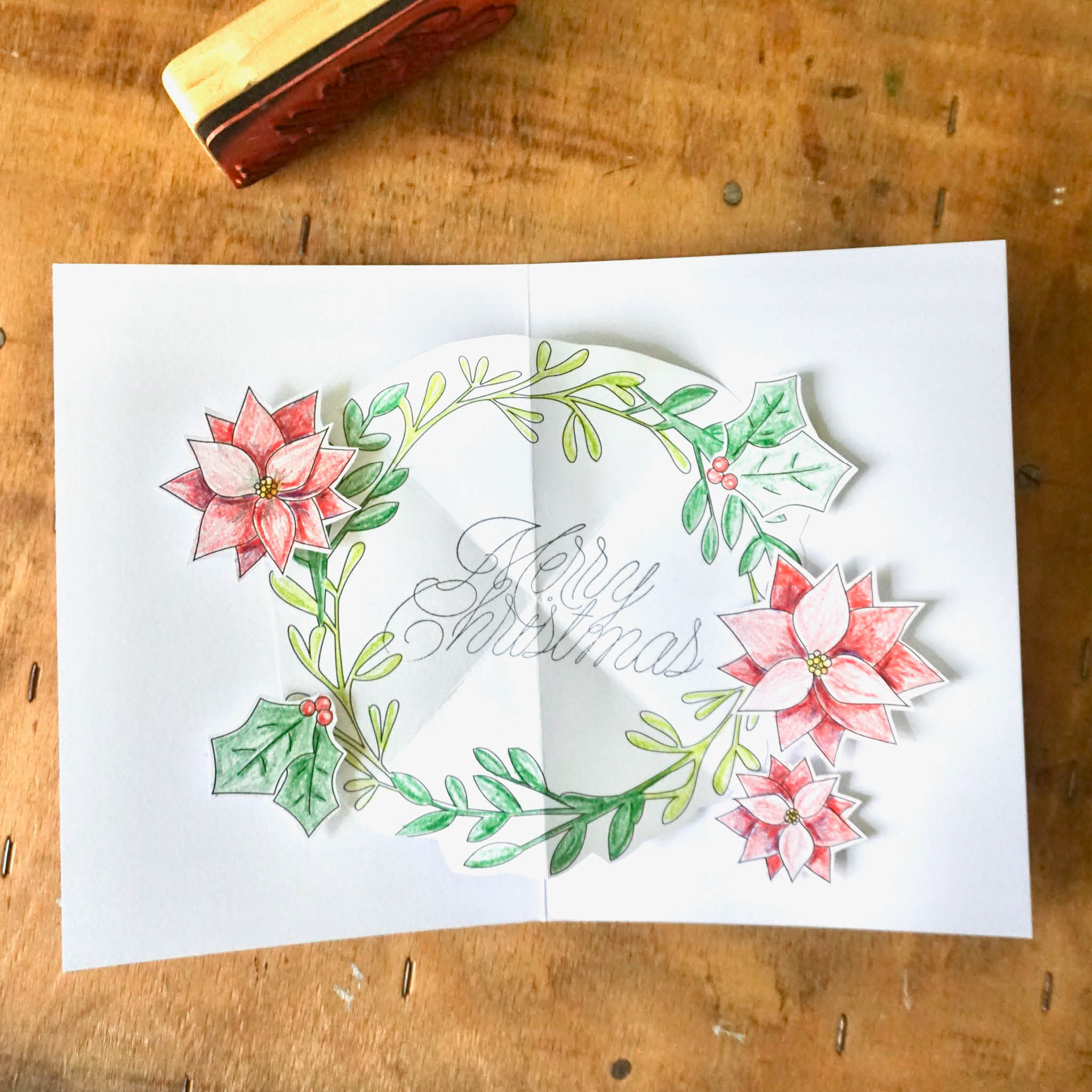 Holzstempel "Merry Christmas", Anwendungsbeispiel weihnachtliche Pop-Up-Karte