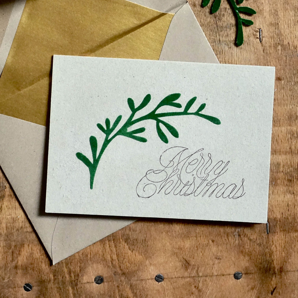 Holzstempel "Merry Christmas" -  Beispiel Weihnachtskarte mit Zweig