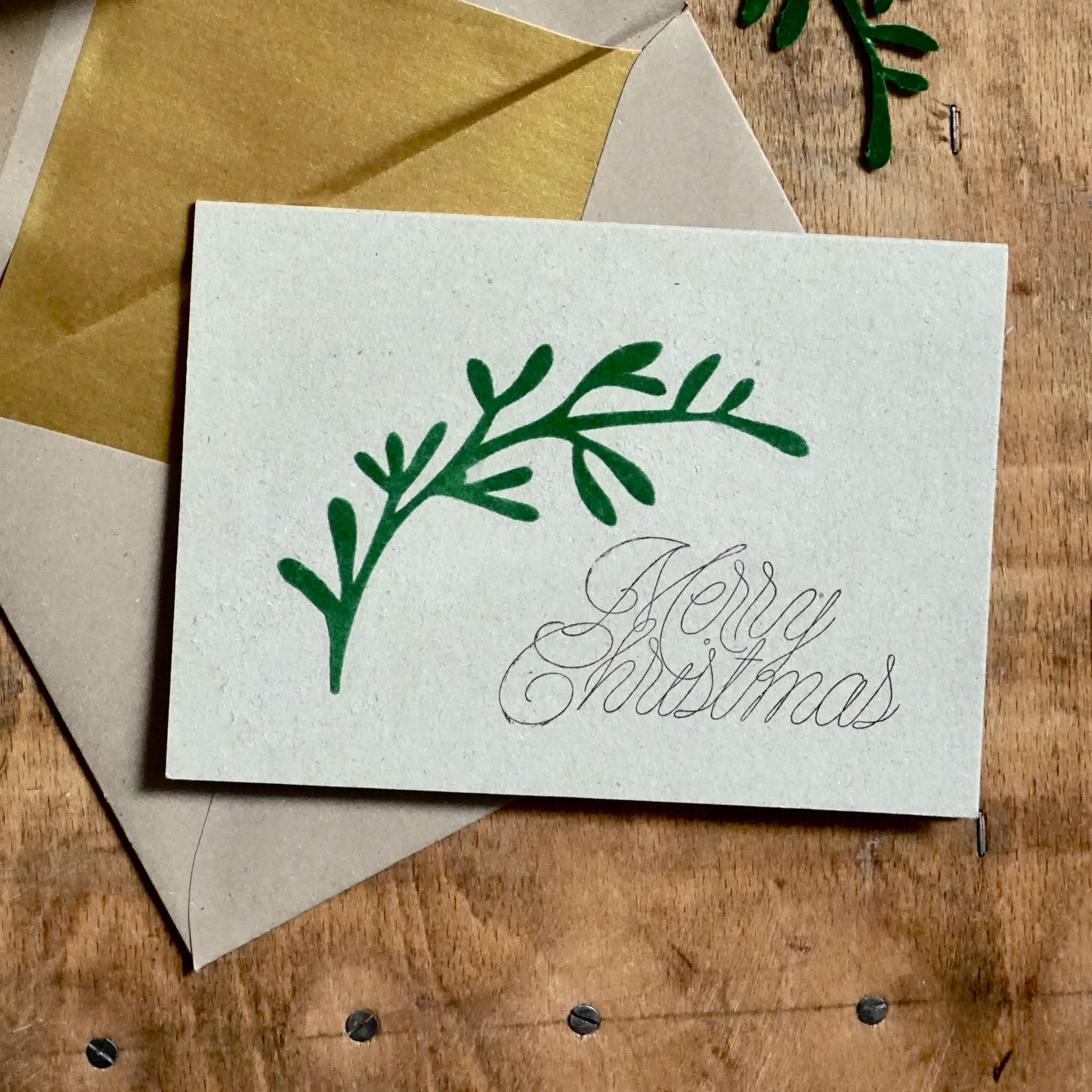 Holzstempel "Merry Christmas" -  Beispiel Weihnachtskarte mit Zweig